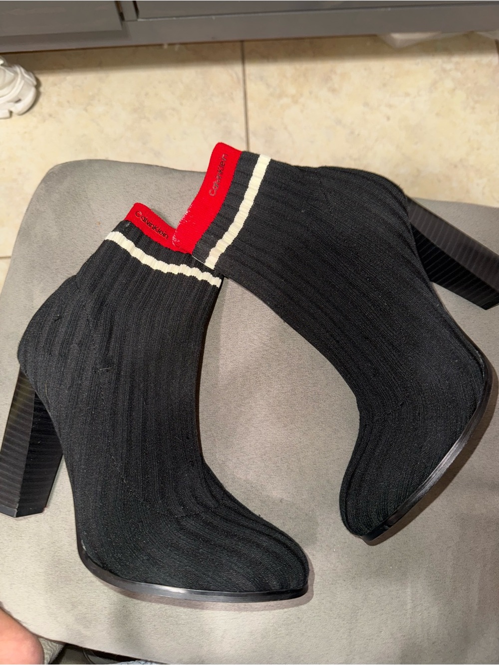 Calvin Klein- Black Knit Sock Ankle Boots with Red Trim - Designer Style